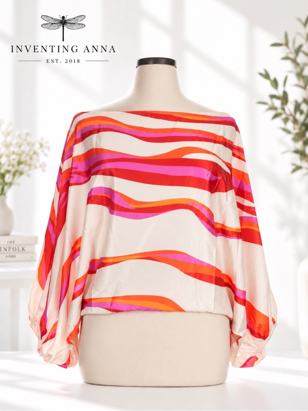 Abstract Boat Neck Batwing Dolman Sleeve Blouse Pink Orange Red Ivory